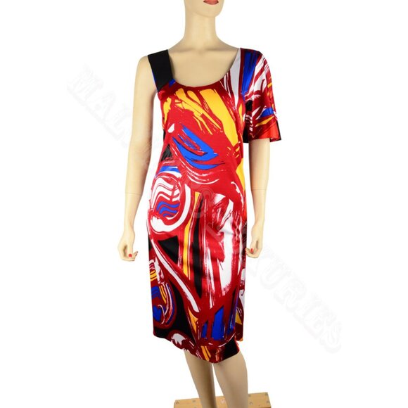 BALENCIAGA DRESS VIBRANT STAINED GLASS WINDOW PRINT ONE SLEEVE sz 38 - Picture 1 of 7